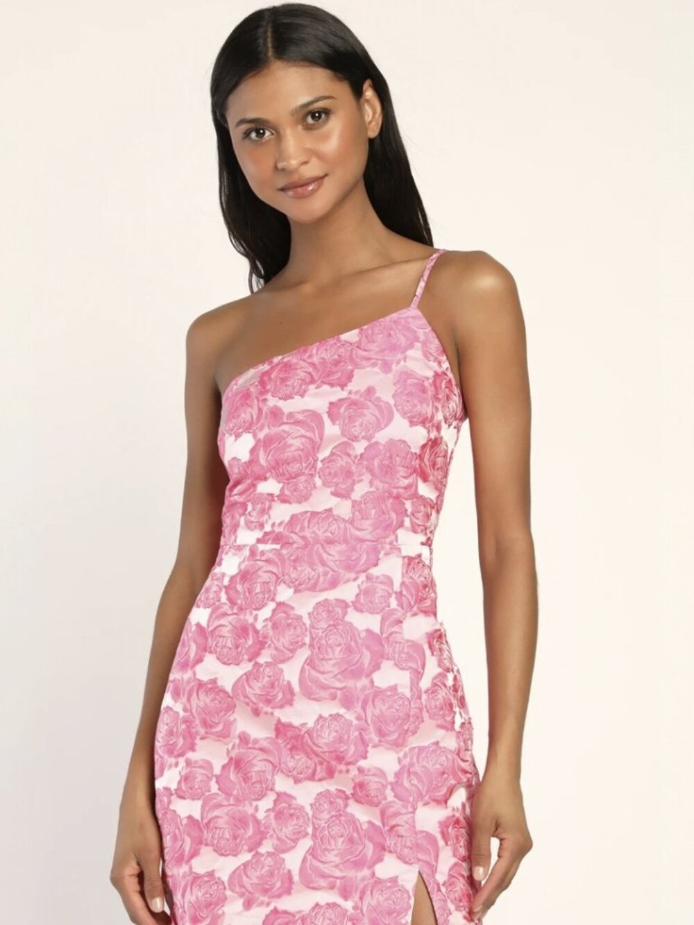 Lulus Flowery Fete Pink Floral Jacquard One-Shoulder Mini Dress NWT - Picture 2 of 9